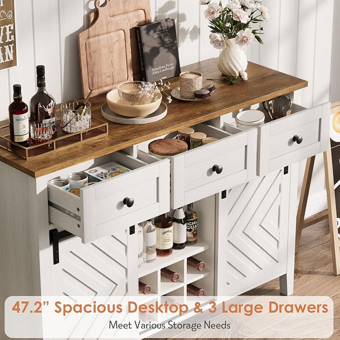 CABIHOME Farmhouse 47.2'' Buffet Cabinet with Sliding Barn Door, 33.4'' Tall Wood Rustic Sideboard with 3 Drawer, Adjustable Shelf and Removable Wine Rack for Dining Room, Kitchen, Living Room, White