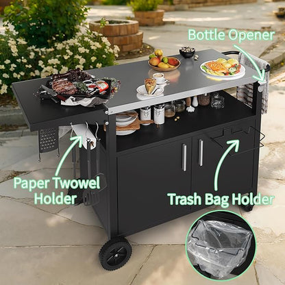 Shintenchi Outdoor Grill Cart Table with Stainless Steel Top for Kitchen Prep & BBQ, Outdoor Kitchen Island Table with Side Handle, Multifunctional Outdoor Grill Table, Black