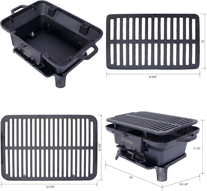 Cast Iron Charcoal Grill, Hibachi Grill Outdoor Portable Charcoal BBQ, Durable Tabletop Skillet Compact Camping Cooker for Tailgating Picnics Hunting (16 L × 10.2 W × 7.5 H)
