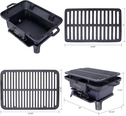 Cast Iron Charcoal Grill, Hibachi Grill Outdoor Portable Charcoal BBQ, Durable Tabletop Skillet Compact Camping Cooker for Tailgating Picnics Hunting (16 L × 10.2 W × 7.5 H)