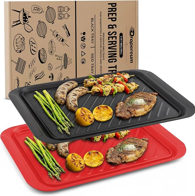 2PCs Prep and Serve Trays, 17" x 10.5" Melamine Deep Grilling Prep & Serve Trays, Melamine Trays | Serving Tray & Marinating Tray, BBQ Platters for Raw and Cooked Food, Serving Trays (Red, Black)