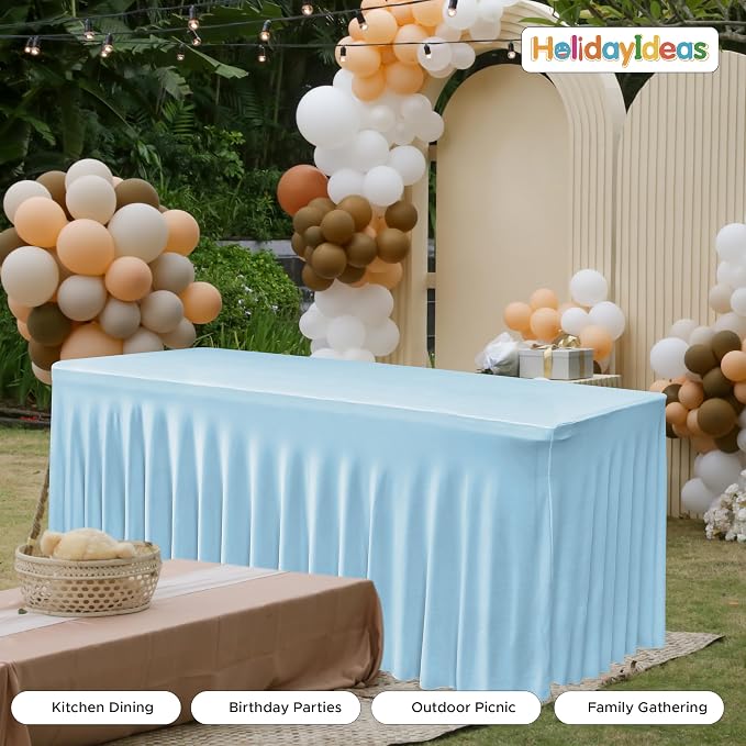 2 Pack Baby Blue Spandex Table Covers 6ft Rectangle Ruffle Skirts for Party | Elastic Table Covers 6 Foot, Pleated Fitted Table Cloths, Wrinkle Resistant Elegant Table Skirts Wedding, Banquets