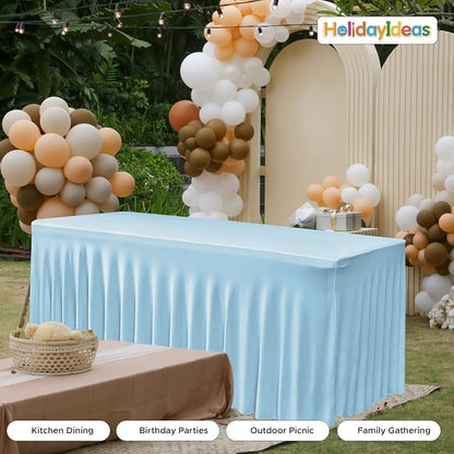 2 Pack Baby Blue Spandex Table Covers 8ft Rectangle Ruffle Skirts for Party | Elastic Table Covers 8 Foot, Pleated Fitted Table Cloths, Wrinkle Resistant Elegant Table Skirts Wedding, Banquets