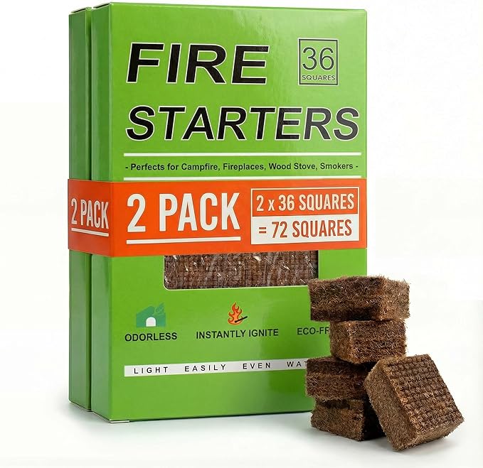 Fire Starter Cubes for Campfires: Natural Fire Starters Squares - Quick Ignition Odorless Firestarter Blocks for Grills Fireplaces BBQ Outdoor Firepits & Wood Stoves - 72 pcs