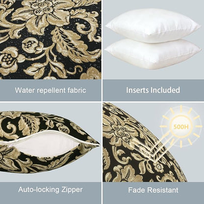 LVTXIII Set of 2 Patio Throw Pillows Waterproof 16"x16" Fade Resistant Outdoor Throw Pillows with Inserts, Fluffy Decorative Garden Toss Pillow Cushions for Home Patio Coach Sofa Use, Jacobean Black