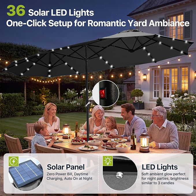 REE SOLDIER 13ft Double Sided Patio Umbrella with Solar Lights (Dark Gray) | Waterproof Fade-Resistant Fabric, Rust-Proof Aluminum Pole, Crank Tilt Adjustment, Ideal For Garden, Yard, Pool, Patio