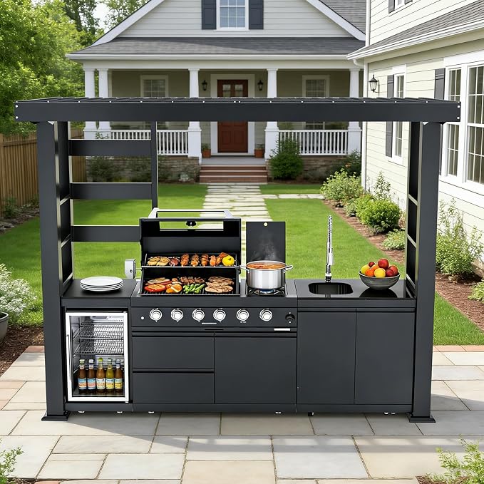 110" Outdoor Kitchen Island with 4-Burner 72000 BTU,Heavy-Duty Natural Gas Grill with Side Burner,Rotisserie Oven,Galvanized Steel Roof,Granite Countertops,Refrigerator,Storage,Sink.(Natural Gas)
