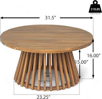 Merax Outdoor Acacia Wood Conversation Set, 3-Seat Loveseat Sofa w/Coushion and Round Coffee Table for Backyard, Patio Furniture, Teak+Beige