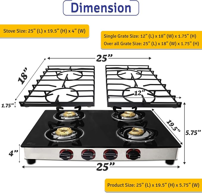 4 Burner Gas Stove Top, 25" Black Tempered Glass Countertop Stove | Stainless Steel 4 Burner Cooktop Burners RV Stove for Cooking Range Gas with Hose & Regulator to Connect Propane Cooktop