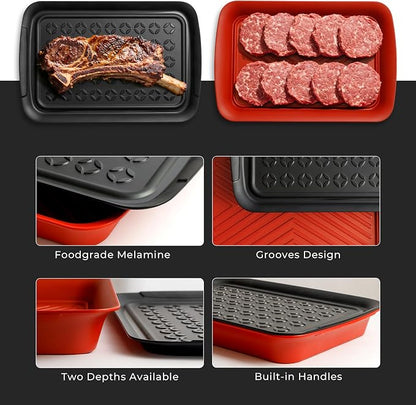 TP Deep Grilling Prep and Serve Trays, 18" x 12", Set of 2, Black&Red | Melamine BBQ Trays, Serving Platters for Meats, Raw and Cooked Food Separation, Lightweight, Break-resistant