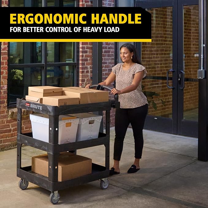 Rubbermaid Commercial Brute 3-Shelf Heavy-Duty Utility/Service Cart, Medium, High Storage, Lipped Shelves, Ergonomic Handle, 600 lb. Capacity, Ideal for Warehouse/Garage/Cleaning/Maintenance/Office