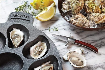 Outset Cast Iron Oyster Grill Pan, 12 Cavities, Black Oyster BBQ and Serving Pan | Grill & Serve Oysters In One Pan | 12 Capacity Oyster Tray & Plate | Oven, Grill & Stovetop Safe | Durable Cast Iron Platter