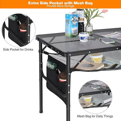 REDCAMP 36x24 Folding Grill Table for Outside, Lightweight Portable Metal Aluminum Outdoor Grill Table with Adjustable Height Legs, Great for Camping Picnic Cooking BBQ, Black 3ft