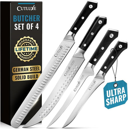 Cutluxe Butcher Knife Set, Brisket, Breaking, Boning & Fillet for Meat | BBQ Carving Blades, Ultra Sharp German Steel, Full Tang Ergonomic Handles – Grilling Gift for Men