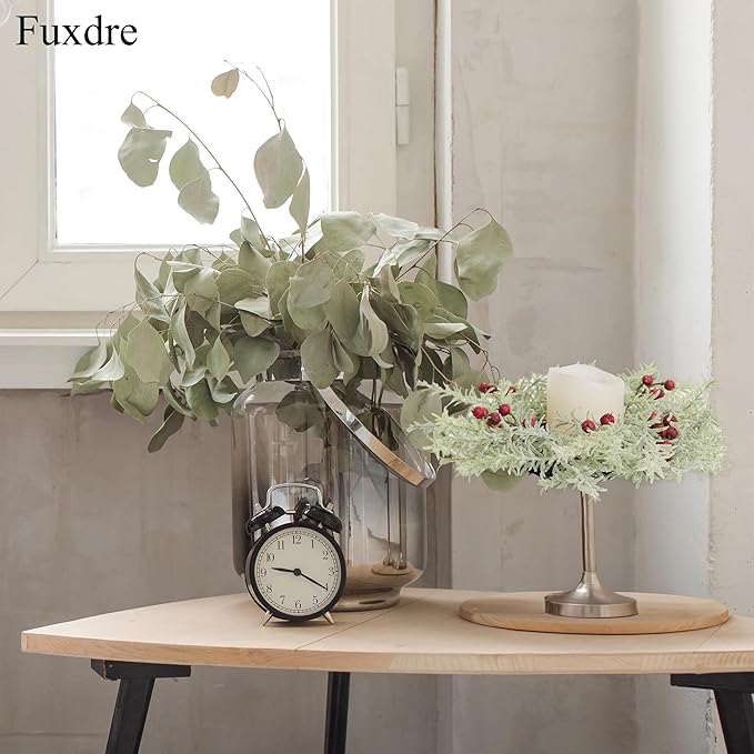 2 Pcs Christmas Candle Rings Wreaths, 10 Inch Flocked Candle Wreath with Artificial Berries Rosemary, Christmas Candle Holder Indoor Decor for Home Kitchen Cabinets Centerpieces for Tables