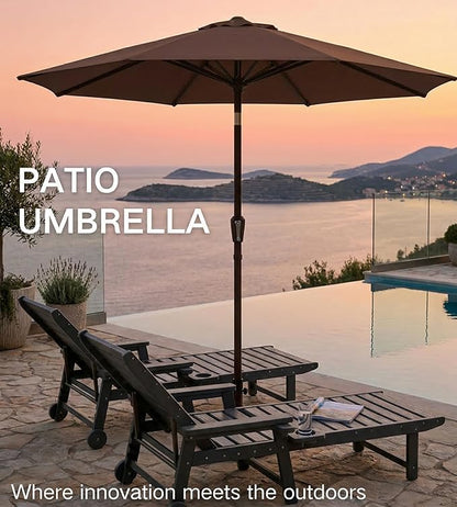 PatioKingdom 9FT Patio Outdoor Umbrella-UPF 50+ Sun Shade with Wind Vent, Push-Button Tilt & Smooth Crank Lift, Rust-Resistant Fiberglass Frame for Garden, Backyard,Yard (Brown)