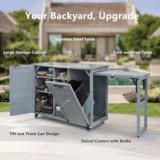 JIVOIT 78.3" Outdoor Kitchen Island with Foldable Table, Wooden Outdoor Grill Cart with Trash Can Storage & Stainless Steel Top, Adjustable Shelf, Spice Rack, Modular Towel, Paper Rack