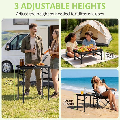2ft Portable Grill Table, Heat-Resistant Tabletop 3 Heights 27.5" | Aluminum Grill Side Table, Waterproof & Easy to Clean, Lightweight, Portable Handle for Travel Cooking BBQ, 24" x 16", Black