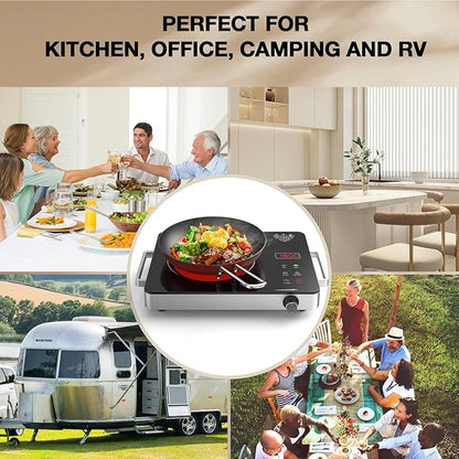Portable Electric Cooktop 110V, 1800W Electric Stove Infrared Hot Plate with Knob Control, Nafewin Single Burner Countertop Burner with Handle, 4-Hours Timing Setting, Compatible for All Cookwares