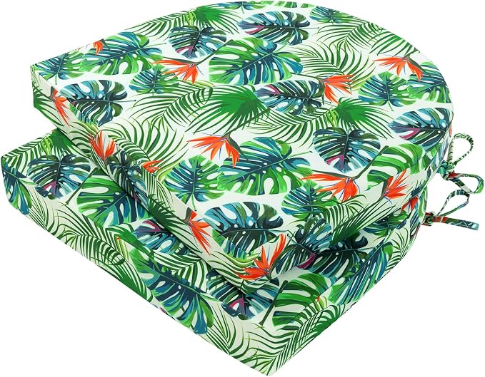 Topotdor Outdoor Chair Cushions Set of 2, Waterproof Patio Chair Cushions for Outdoor Furniture, Round Corner Seat Chair Pads with Ties for Patio Garden Dining Office, 19"x19"x3", Tropical Plant