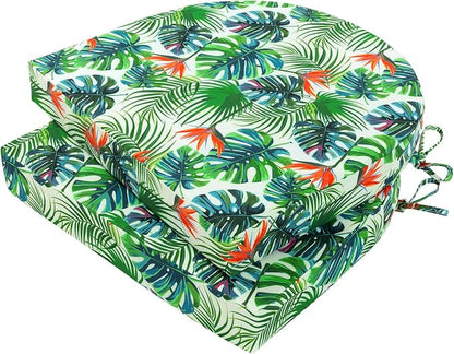 Topotdor Outdoor Chair Cushions Set of 2, Waterproof Patio Chair Cushions for Outdoor Furniture, Round Corner Seat Chair Pads with Ties for Patio Garden Dining Office, 19"x19"x3", Tropical Plant