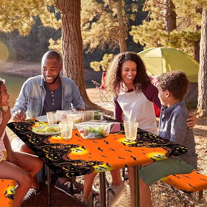 Halloween Elastic Edge Fitted Tablecloth, 3 Pieces Set, Happy Halloween Pumpkin Elastic Picnic Tablecloth and Bench Seats Table Cover for Outdoor Picnics/Holiday/Party Use, 72x28 in
