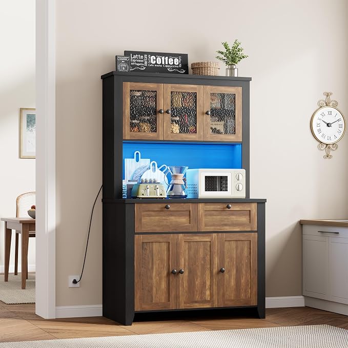 Pantry Cabinet with Charging Station, Farmhouse Kitchen Pantry Storage Cabinet with Countertop, Large Kitchen Hutch with Storage Drawers and Adjustable Shelves & Water Ripple Design for Dining Room,