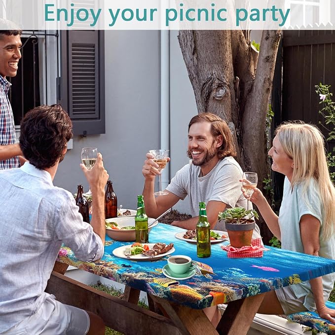 Ocean Animals Picnic Table Cover with Bench Covers, Camping Essentials, Underwater Sea Turtles Waterproof Windproof, Fitted Tablecloth Cover with Elastic Edge, for Garden & Outdoor, 3 PCS, 30x72 Inch