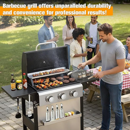 CIG GARDEN 3-Burner Propane Gas Grill,Outdoor Barbecue Grill with Side Tables and Wire Enamel Cooking Grids,31,500 BTU Output Stainless Steel BBQ Grill for Patio Garden Camping Backyard