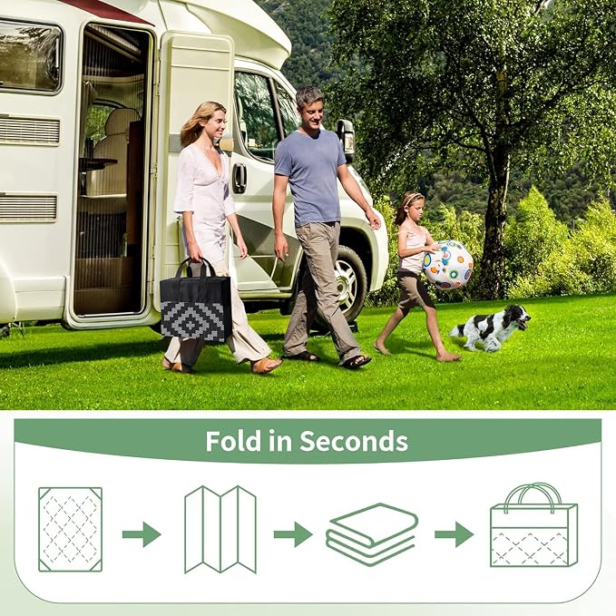 GENIMO Outdoor Rug, Waterproof Plastic Rugs 8'x16' for Camping Black Grey | Outside Larger Modern Carpet Mat for Patio Decor, RV, Porch, Camper, Deck, Picnic, Beach, Backyard, Reversible, Foldable