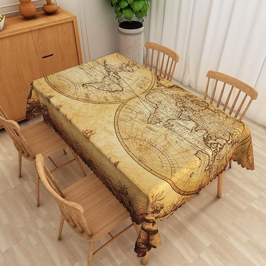 Leyiyi Retro World Map Tablecloth Vintage Globe Map Geography Rectangle Tablecloth Adventure World Awaits Party Decoration Table Covers for Dining Room Kitchen Party Camping BBQ 54x70inch