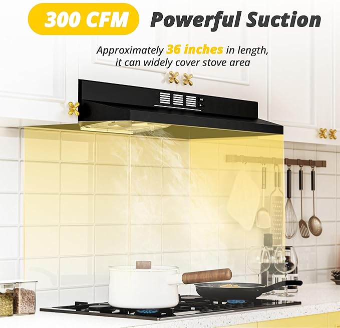 FIREGAS Black Range Hood 36 inch Under Cabinet, Ducted/Ductless Convertible Kitchen Hood, Black Painted Stainless Steel Vent Hood with LED Light,2 Speed Exhaust Fan