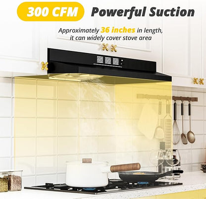 FIREGAS Black Range Hood 36 inch Under Cabinet, Ducted/Ductless Convertible Kitchen Hood, Black Painted Stainless Steel Vent Hood with LED Light,2 Speed Exhaust Fan