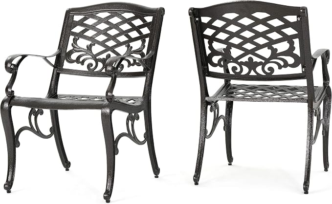 Christopher Knight Home 2-Piece Sarasota Cast Aluminum Outdoor Chairs & 47.75" Phoenix Hammered Bronze Cast Aluminum Round Table
