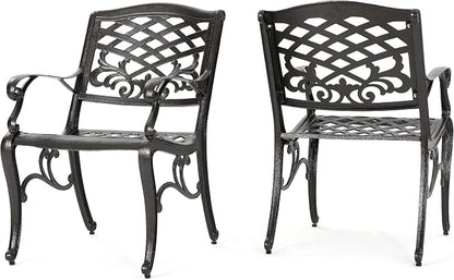Christopher Knight Home 2-Piece Sarasota Cast Aluminum Outdoor Chairs & 47.75" Phoenix Hammered Bronze Cast Aluminum Round Table