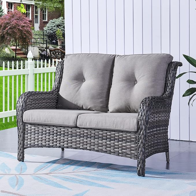 Rilyson Luxury Patio Outdoor Wicker Loveseat, 500 Lbs Weight Capacity Rattan Outdoor 2 seat Sofa Wicker with Deep Seating and Replaceable Cushions for Outside Porch Deck Balcony (Mixed Grey/Grey)
