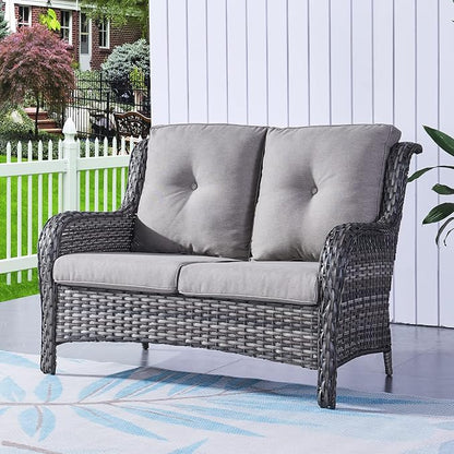 Rilyson Luxury Patio Outdoor Wicker Loveseat, 500 Lbs Weight Capacity Rattan Outdoor 2 seat Sofa Wicker with Deep Seating and Replaceable Cushions for Outside Porch Deck Balcony (Mixed Grey/Grey)
