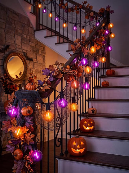 LED Outdoor Halloween Lights, 50FT 25 G40 Orange Purple Globe String Lights | Plug in, Dimmable, IP65 Waterproof, Hanging Outdoor Halloween Decorations Patio Lights for Porch Backyard Garden Party Decor