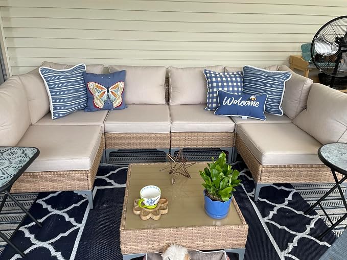 Outdoor Cushion Covers Replacement 14 Pcs, Tan | Patio Cushion Covers Fit for 7Pieces 6-Seater Wicker Rattan Sectional Couch Sofa, Outdoor Cushion Slipcovers Set