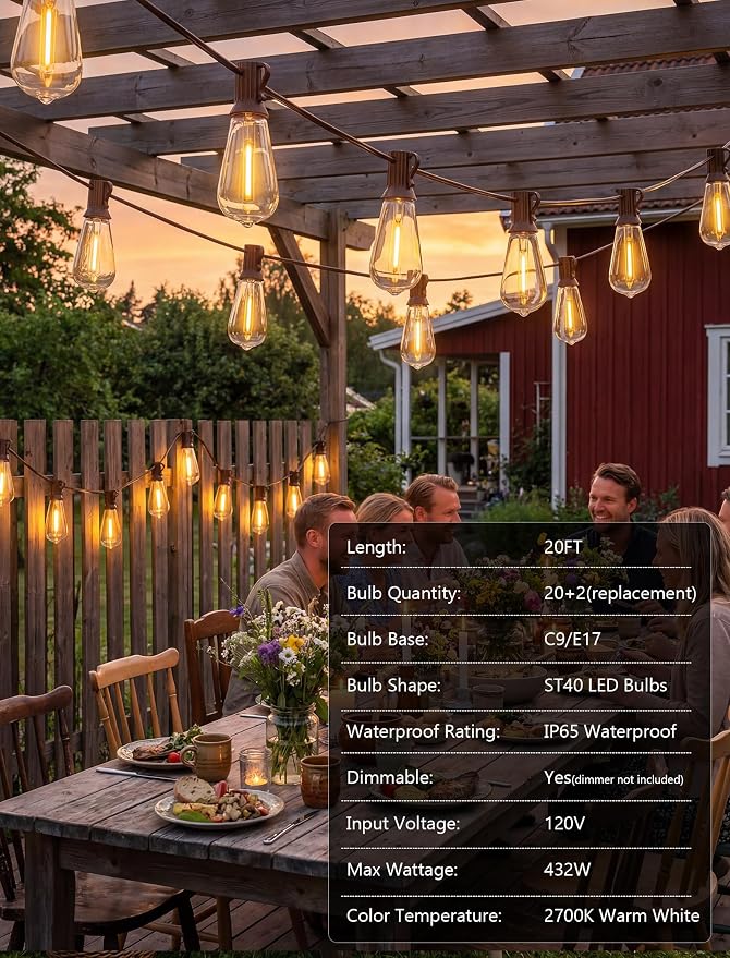 20FT ST40 LED Outdoor String Lights, Vintage Edison Patio Lights with 22 Shatterproof Bulbs, Waterproof Hanging Outdoor Lights for Backyard Porch Deck Bistro Garden, Warm White 2700K, Brown Wire