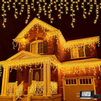 QITONG Warm White Icicle Lights for Outside, 33ft 400 LED String Lights Indoor with 8 Modes, Clear Wire Connectable Icicle Christmas Light Plug in