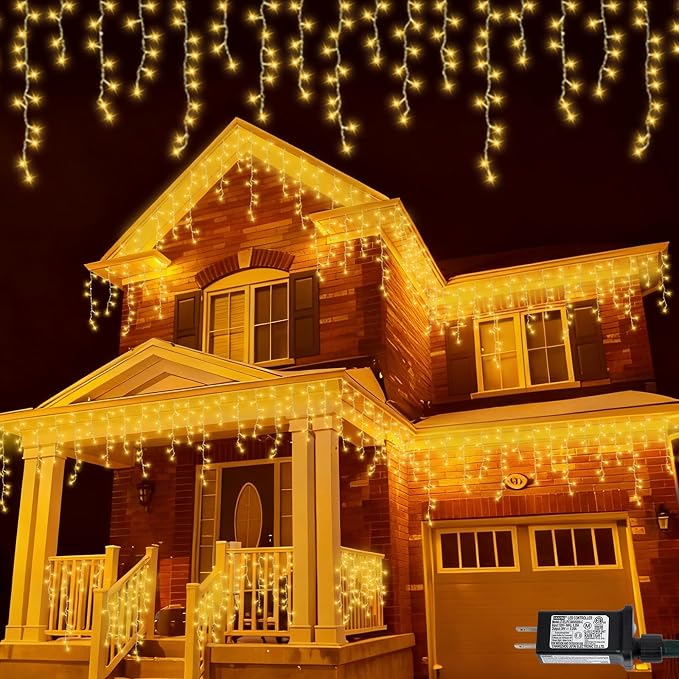 QITONG Warm White Icicle Lights for Outside, 66ft 800 LED String Lights Indoor with 8 Modes, Clear Wire Connectable Icicle Christmas Light Plug in