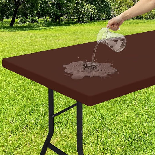 Smiry Rectangle Tablecloth, Elastic Fitted Flannel Backed Vinyl Tablecloths for 8ft Folding Tables, Waterproof Wipeable Table Covers for Indoor, Outdoor, Picnic and Camping (Coffee, 30"x96")