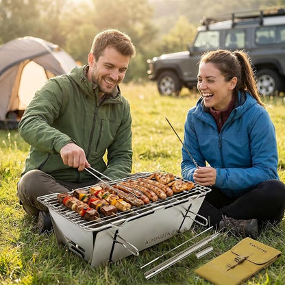 Foldable Stainless Steel Charcoal BBQ Grill with 15 Metal Skewers | Small Camping Barbecue Grill for 1‑3 People, Perfect for Making Kabobs at Garden, Beach, Picnic & Tabletop Gatherings