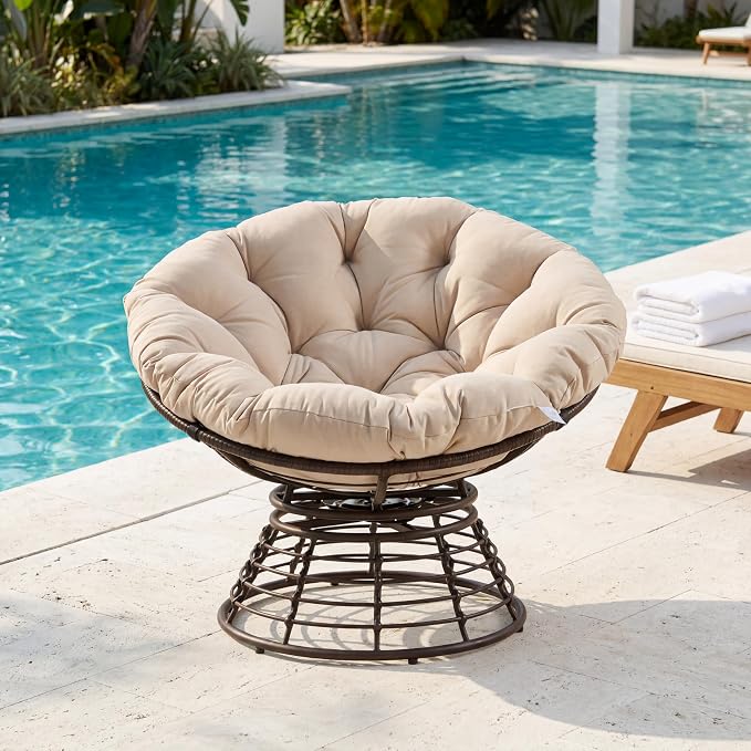 Cushion Papasan Swivel Chair, Ergonomic Wicker Round Chair with Thick Padding, Oversized Swivel Wicker Accent Chairs for Living Room, Bedroom, Reading Room, Balcony, Brown Frame, Beige