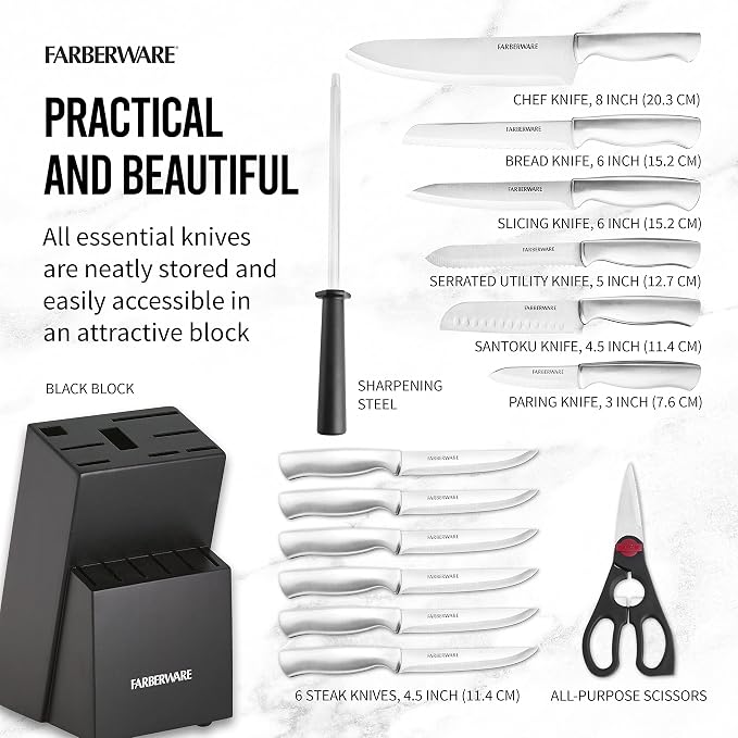 Farberware 15-Piece Kitchen Knife Set, High-Carbon Stainless Steel Blades with Wood Block, Steak Knives, Sharpening Tool & All-Purpose Shears, Razor Sharp, Ergonomic Stainless Steel Handles