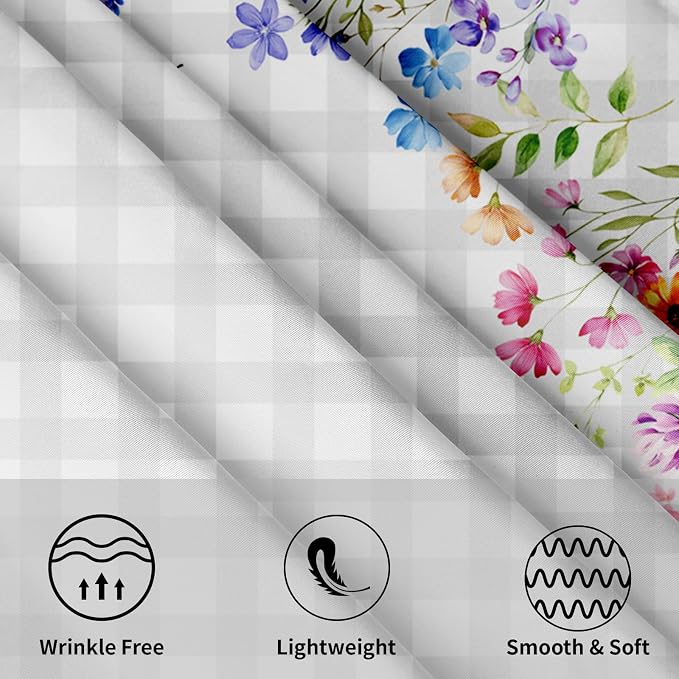 Sweetshow Spring Colorful Floral Table Cloth Round White Grey Buffalo Plaids Wildflower Butterflies Tablecloth 70 Inch Decor Washable Stain and Wrinkle Summer Round Table Cover for Dining Picnic
