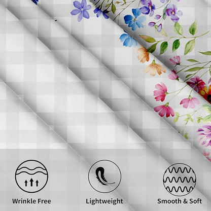 Sweetshow Spring Colorful Floral Table Cloth Round White Grey Buffalo Plaids Wildflower Butterflies Tablecloth 70 Inch Decor Washable Stain and Wrinkle Summer Round Table Cover for Dining Picnic