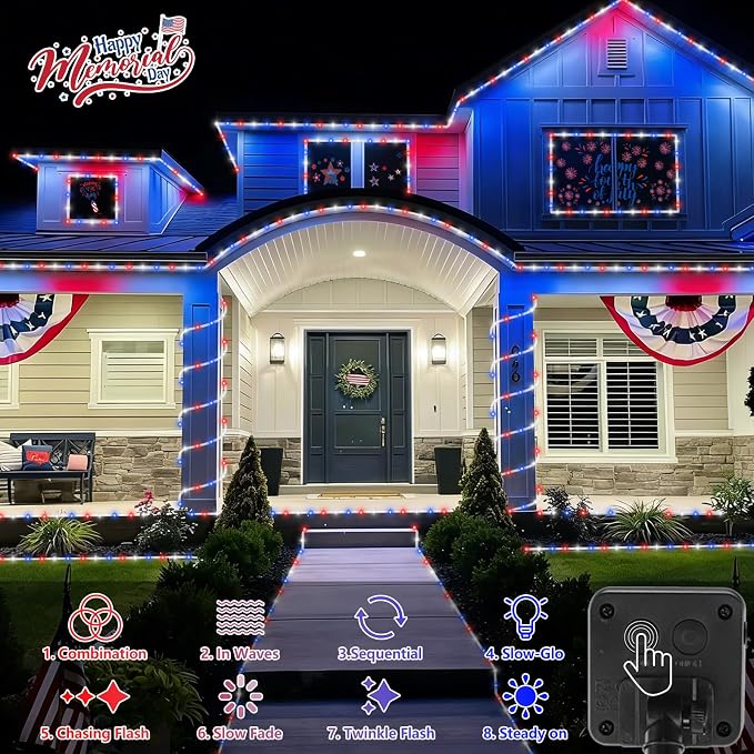 QITONG Red White Blue Solar Rope Lights, 2 Pack Each 33ft 100 LED Patriotic String Lights Outdoor, 8 Modes Fairy Lights in Clear Thin Tube for Independence Memorial Day Decor