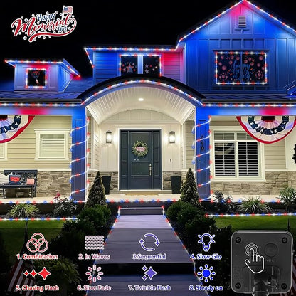 QITONG Red White Blue Solar Rope Lights, 66ft 200 LED 4th of July String Lights, 8 Modes Fairy Lights in Clear Thin Tube for Patriotic Independence Memorial Day Decor